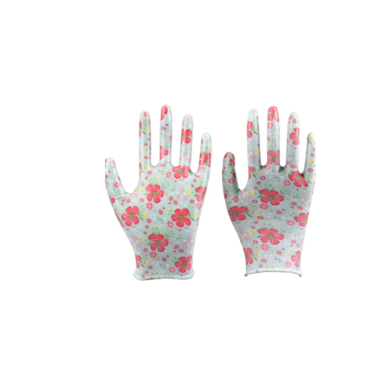 Waterproof Anti Slip Knitted Wrist Pink Polyester Liner Women Floral Nitrile Safety Garden Gloves